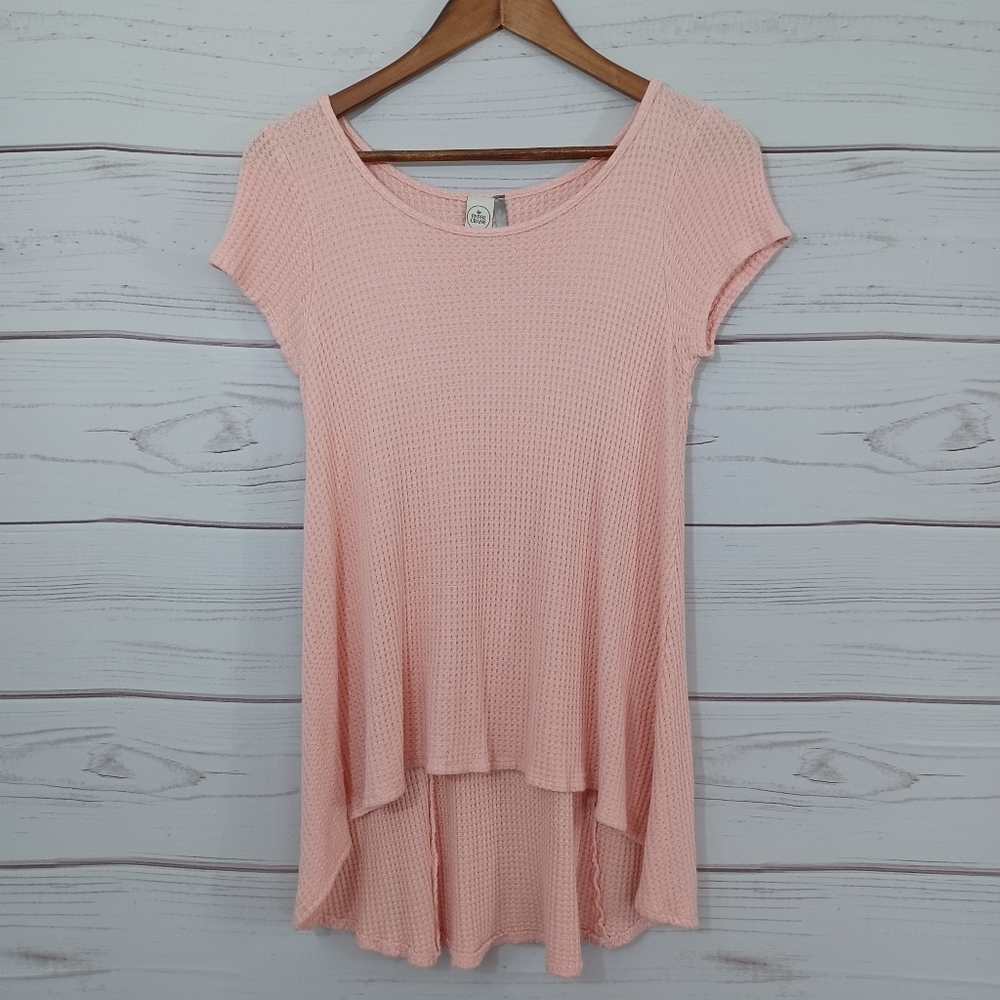 Paper Crane Pink Waffle Weave Rayon Scoop Neck Asymmetrical Blouse Shirt Top